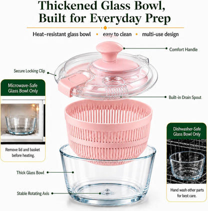 Glass Salad Spinner 3.2 Qt, Small Salad Spinner, Glass Bowl, White