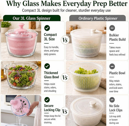 Glass Salad Spinner 3.2 Qt, Small Salad Spinner, Glass Bowl, White