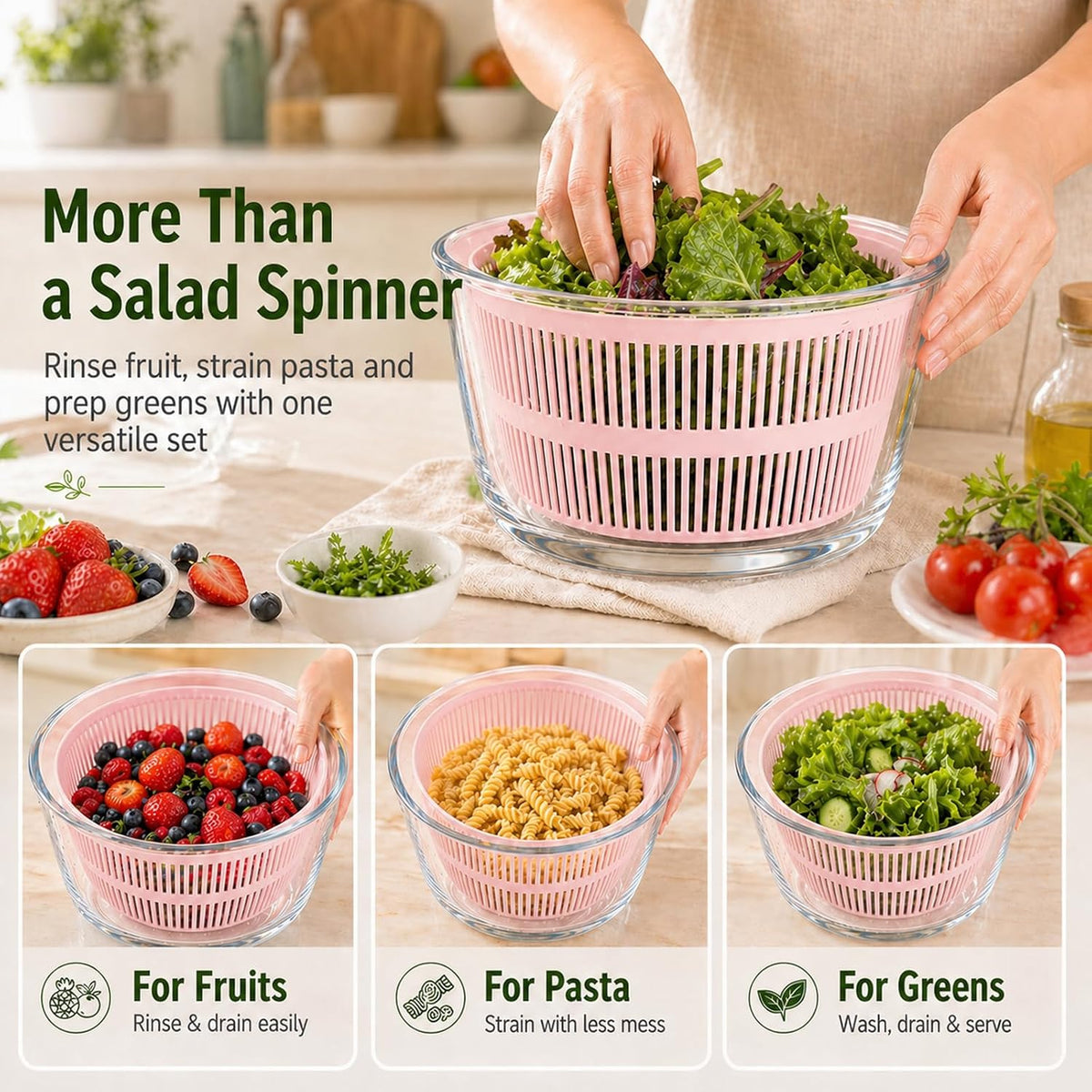 Glass Salad Spinner 3.2 Qt, Small Salad Spinner, Glass Bowl, White