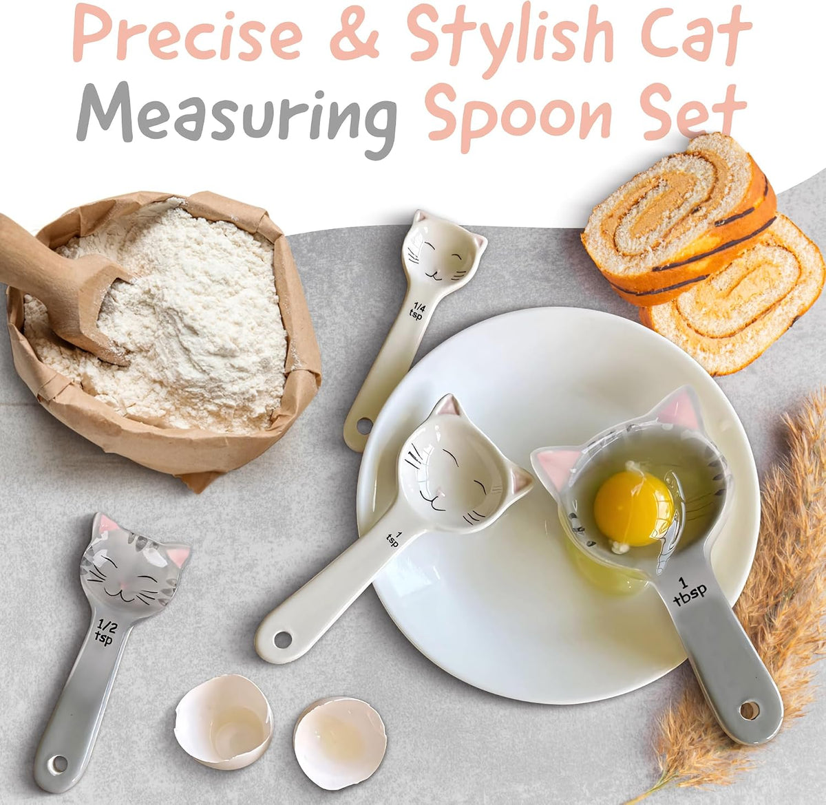 Cat Shaped Ceramic Measuring Spoons - Gift for Any Cat Lover - Cat Ceramic Measuring Spoons Baking Tool - Creative Functional Kitchen Decor - Comes in White and Gray - Set of 4