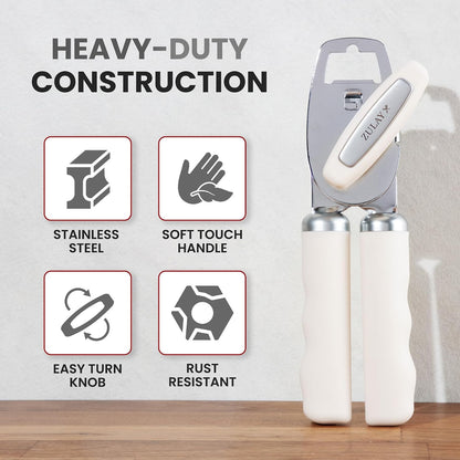 Heavy Duty Stainless Steel Can Opener Manual with Bottle Opener - Rust Proof Manual Can Opener With Turn Knob & Comfy Soft Grip Handles - Black - Colors B