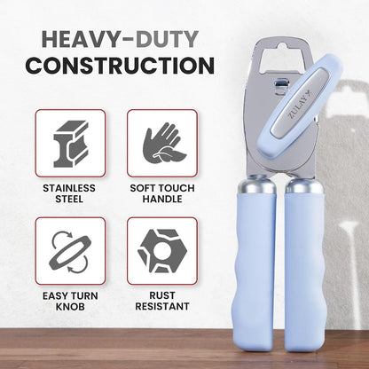 Heavy Duty Stainless Steel Can Opener Manual with Bottle Opener - Rust Proof Manual Can Opener With Turn Knob & Comfy Soft Grip Handles - Black - Colors B