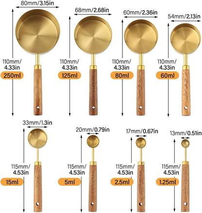 Gold Measuring Cups and Spoons Set of 8, Stackable Stainless Steel Measuring Spoons and Measuring Cup Set with Wood Handles, Dry & Liquid Measuring Cups for Cooking & Baking