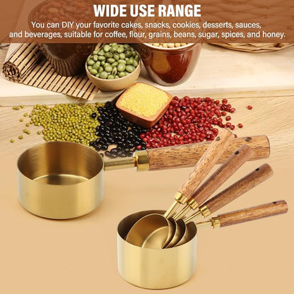 Gold Measuring Cups and Spoons Set of 8, Stackable Stainless Steel Measuring Spoons and Measuring Cup Set with Wood Handles, Dry & Liquid Measuring Cups for Cooking & Baking