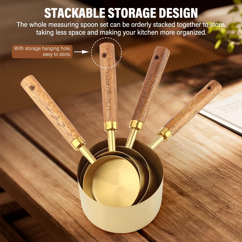 Gold Measuring Cups and Spoons Set of 8, Stackable Stainless Steel Measuring Spoons and Measuring Cup Set with Wood Handles, Dry & Liquid Measuring Cups for Cooking & Baking