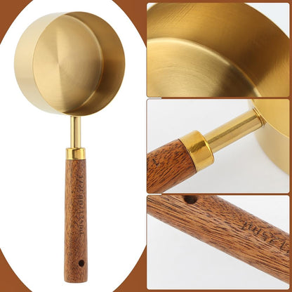 Gold Measuring Cups and Spoons Set of 8, Stackable Stainless Steel Measuring Spoons and Measuring Cup Set with Wood Handles, Dry & Liquid Measuring Cups for Cooking & Baking