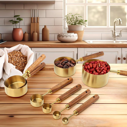 Gold Measuring Cups and Spoons Set of 8, Stackable Stainless Steel Measuring Spoons and Measuring Cup Set with Wood Handles, Dry & Liquid Measuring Cups for Cooking & Baking