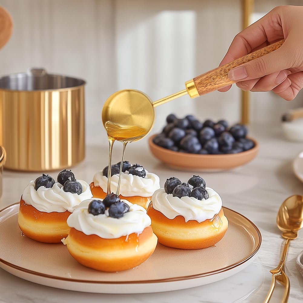Gold Measuring Cups and Spoons Set of 8, Stackable Stainless Steel Measuring Spoons and Measuring Cup Set with Wood Handles, Dry & Liquid Measuring Cups for Cooking & Baking