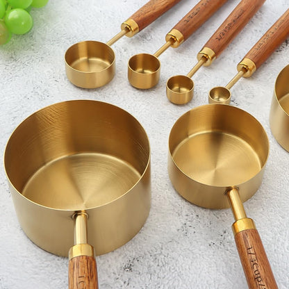 Gold Measuring Cups and Spoons Set of 8, Stackable Stainless Steel Measuring Spoons and Measuring Cup Set with Wood Handles, Dry & Liquid Measuring Cups for Cooking & Baking