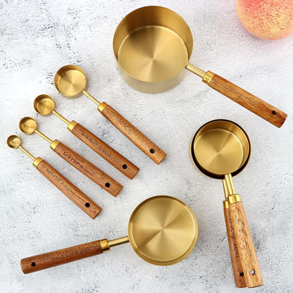 Gold Measuring Cups and Spoons Set of 8, Stackable Stainless Steel Measuring Spoons and Measuring Cup Set with Wood Handles, Dry & Liquid Measuring Cups for Cooking & Baking