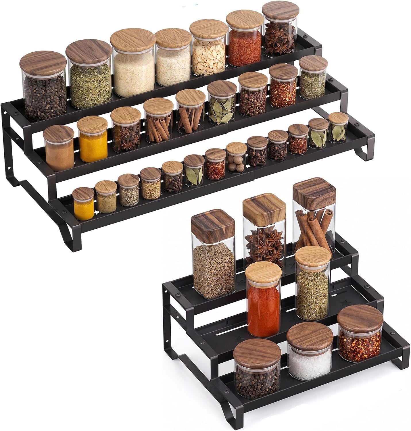 3-Tier Spice Rack Organizer, 13"-21.5" Expandable Spice Organization Shelf, Metal Seasoning Organizer for Kitchen Countertop or Pantry, Slip-Resistant Design for Jars and Bottles, Black
