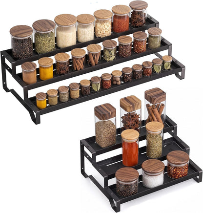 3-Tier Spice Rack Organizer, 13"-21.5" Expandable Spice Organization Shelf, Metal Seasoning Organizer for Kitchen Countertop or Pantry, Slip-Resistant Design for Jars and Bottles, Black