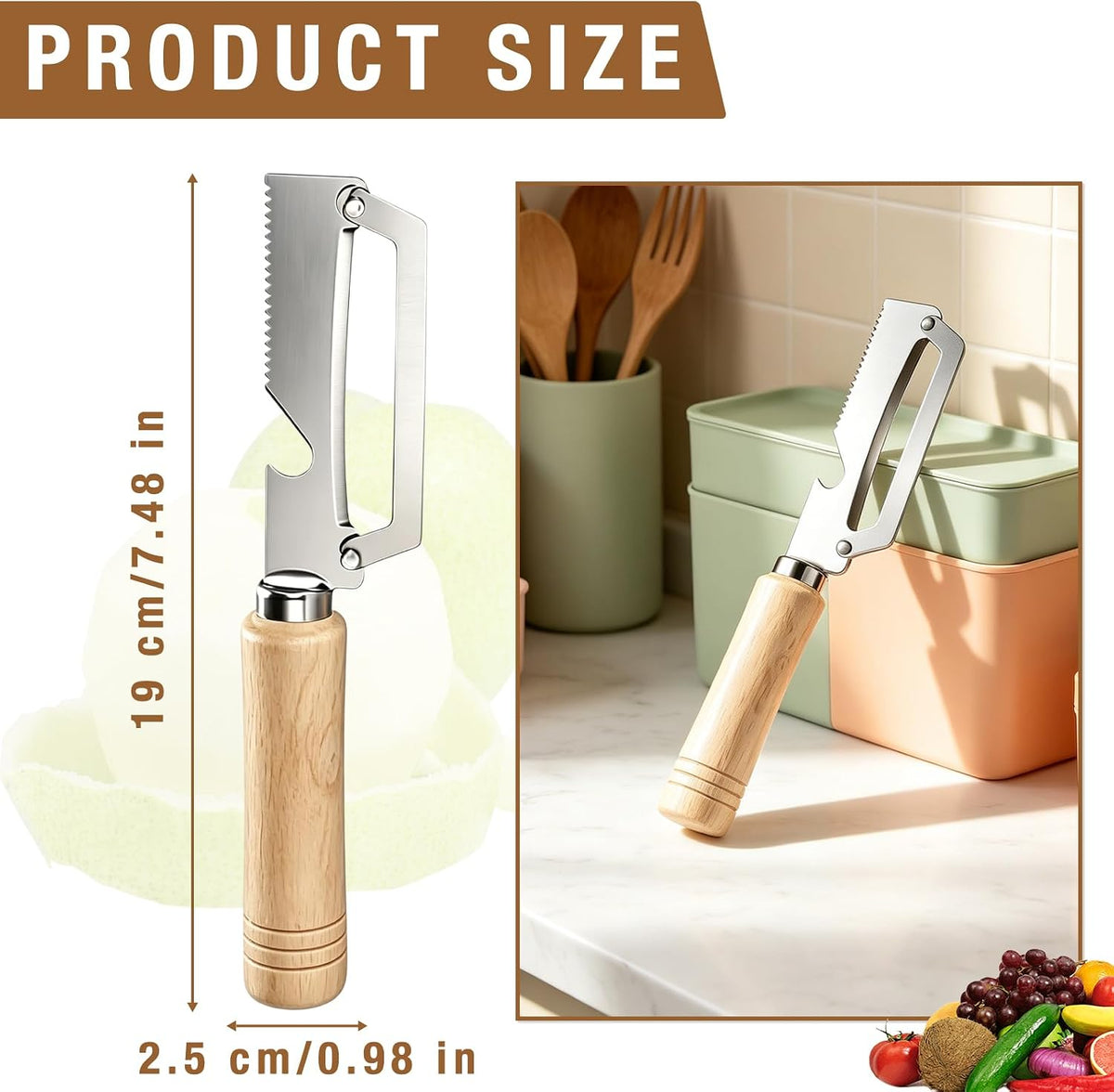 Multifunctional Vegetable Peeler Set, Handheld Fruit Peeler with Ultra-Sharp Stainless Steel Blade, Wooden Handle & Bottle Opener, Kitchen Tool for Potato Pumpkin Apple Carrot, 2 Pack