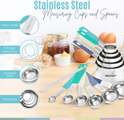 14-Piece Stainless Steel Measuring Cups and Measuring Spoons Set with All Stackable Sizes and Leveler for Dry Ingredients, Complete Set for Kitchen & Baking Measuring Tools (Aqua Sky Blue Set)
