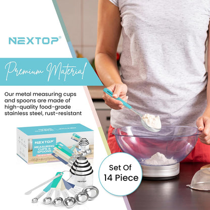 14-Piece Stainless Steel Measuring Cups and Measuring Spoons Set with All Stackable Sizes and Leveler for Dry Ingredients, Complete Set for Kitchen & Baking Measuring Tools (Aqua Sky Blue Set)
