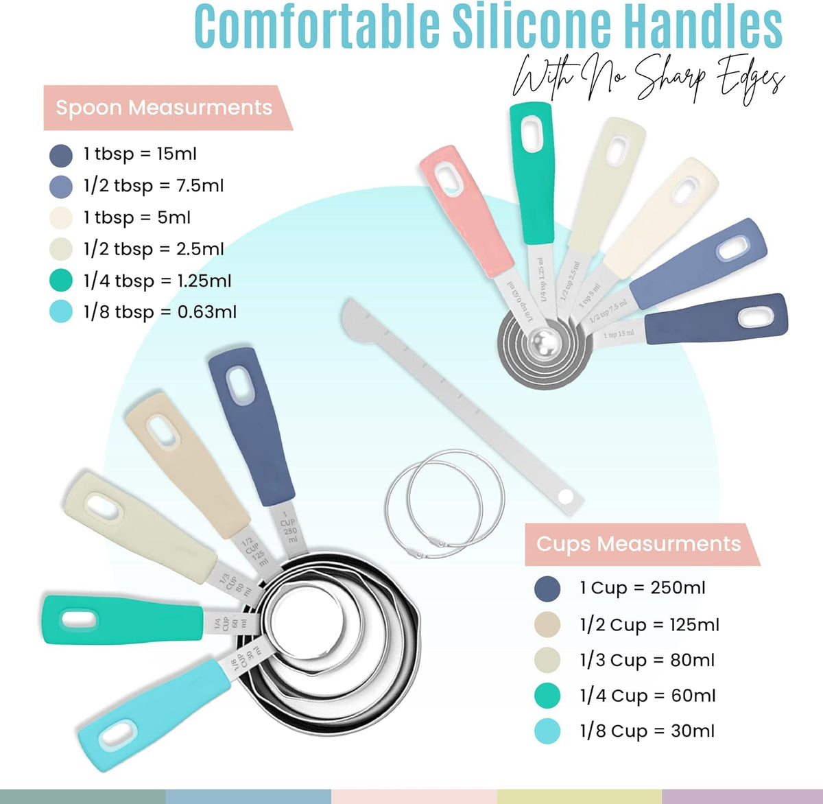 14-Piece Stainless Steel Measuring Cups and Measuring Spoons Set with All Stackable Sizes and Leveler for Dry Ingredients, Complete Set for Kitchen & Baking Measuring Tools (Aqua Sky Blue Set)
