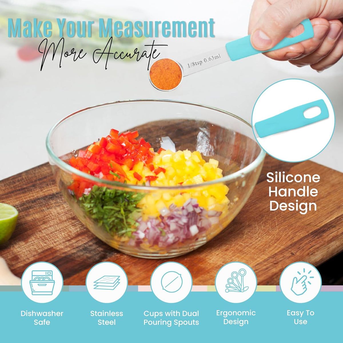 14-Piece Stainless Steel Measuring Cups and Measuring Spoons Set with All Stackable Sizes and Leveler for Dry Ingredients, Complete Set for Kitchen & Baking Measuring Tools (Aqua Sky Blue Set)
