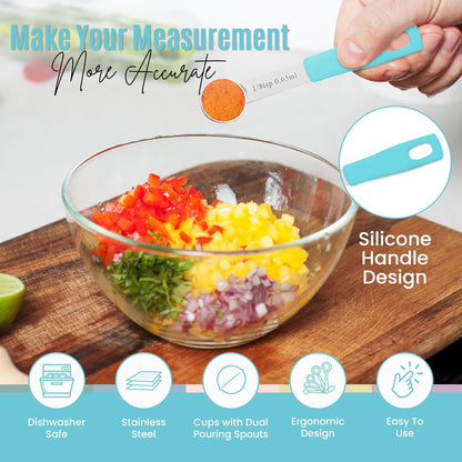 14-Piece Stainless Steel Measuring Cups and Measuring Spoons Set with All Stackable Sizes and Leveler for Dry Ingredients, Complete Set for Kitchen & Baking Measuring Tools (Aqua Sky Blue Set)