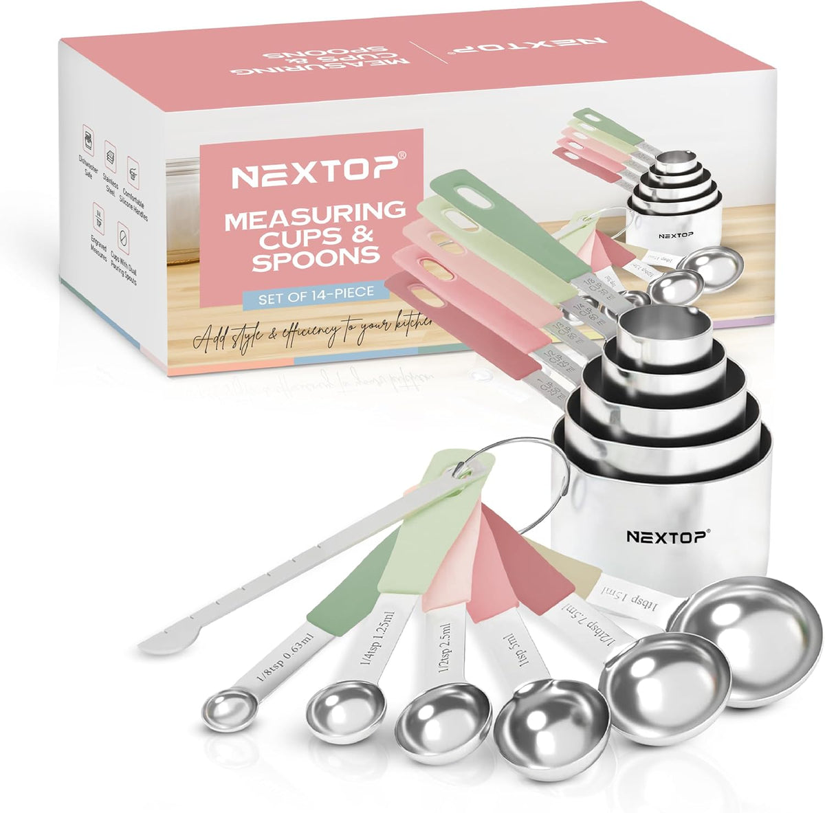 14-Piece Stainless Steel Measuring Cups and Measuring Spoons Set with All Stackable Sizes and Leveler for Dry Ingredients, Complete Set for Kitchen & Baking Measuring Tools (Aqua Sky Blue Set)