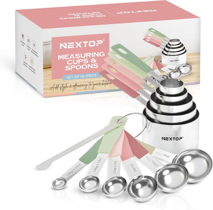 14-Piece Stainless Steel Measuring Cups and Measuring Spoons Set with All Stackable Sizes and Leveler for Dry Ingredients, Complete Set for Kitchen & Baking Measuring Tools (Aqua Sky Blue Set)