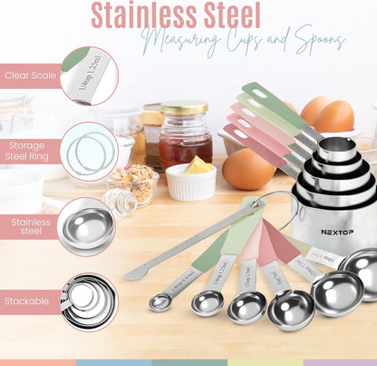 14-Piece Stainless Steel Measuring Cups and Measuring Spoons Set with All Stackable Sizes and Leveler for Dry Ingredients, Complete Set for Kitchen & Baking Measuring Tools (Aqua Sky Blue Set)