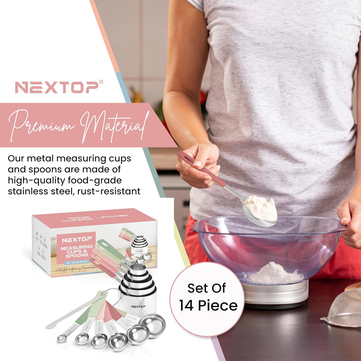 14-Piece Stainless Steel Measuring Cups and Measuring Spoons Set with All Stackable Sizes and Leveler for Dry Ingredients, Complete Set for Kitchen & Baking Measuring Tools (Aqua Sky Blue Set)