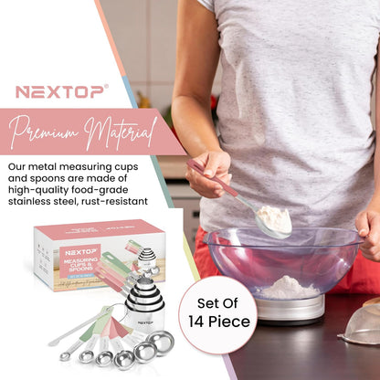 14-Piece Stainless Steel Measuring Cups and Measuring Spoons Set with All Stackable Sizes and Leveler for Dry Ingredients, Complete Set for Kitchen & Baking Measuring Tools (Aqua Sky Blue Set)