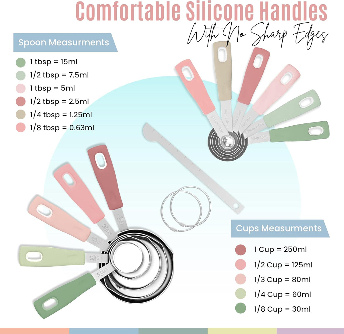 14-Piece Stainless Steel Measuring Cups and Measuring Spoons Set with All Stackable Sizes and Leveler for Dry Ingredients, Complete Set for Kitchen & Baking Measuring Tools (Aqua Sky Blue Set)
