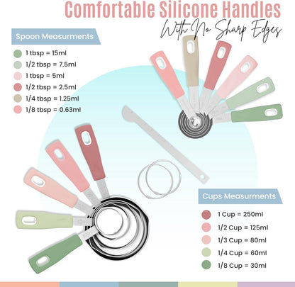 14-Piece Stainless Steel Measuring Cups and Measuring Spoons Set with All Stackable Sizes and Leveler for Dry Ingredients, Complete Set for Kitchen & Baking Measuring Tools (Aqua Sky Blue Set)