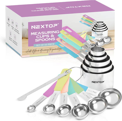 14-Piece Stainless Steel Measuring Cups and Measuring Spoons Set with All Stackable Sizes and Leveler for Dry Ingredients, Complete Set for Kitchen & Baking Measuring Tools (Aqua Sky Blue Set)