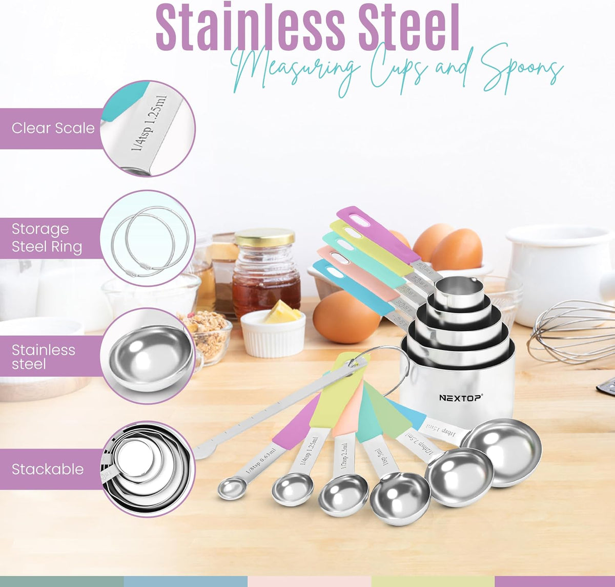 14-Piece Stainless Steel Measuring Cups and Measuring Spoons Set with All Stackable Sizes and Leveler for Dry Ingredients, Complete Set for Kitchen & Baking Measuring Tools (Aqua Sky Blue Set)