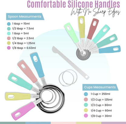 14-Piece Stainless Steel Measuring Cups and Measuring Spoons Set with All Stackable Sizes and Leveler for Dry Ingredients, Complete Set for Kitchen & Baking Measuring Tools (Aqua Sky Blue Set)