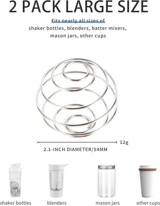 2 Pack Stainless Steel Shaker Ball for Protein Shakes, Wire Whisk Mixer Balls for Shaker Bottles, Fast & Smooth Mixing (2)