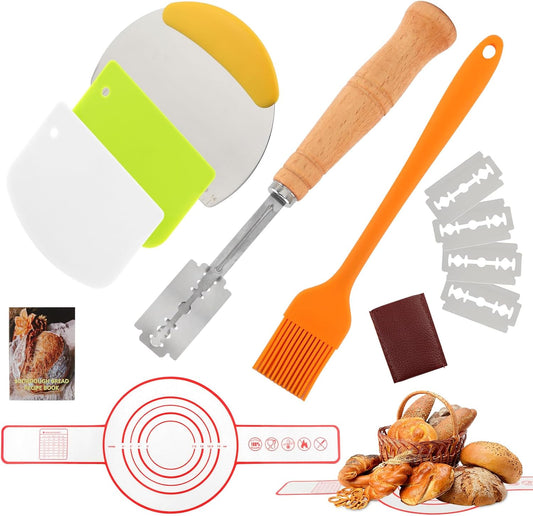 Bread Baking Tools Set, 12 Piece Kit with Silicone Baking Mat 21.5 cm, Bread Lame with 5 Blades and Pouch, Pastry Brush, 3 Dough Boards, Oven Safe Dishwasher Safe