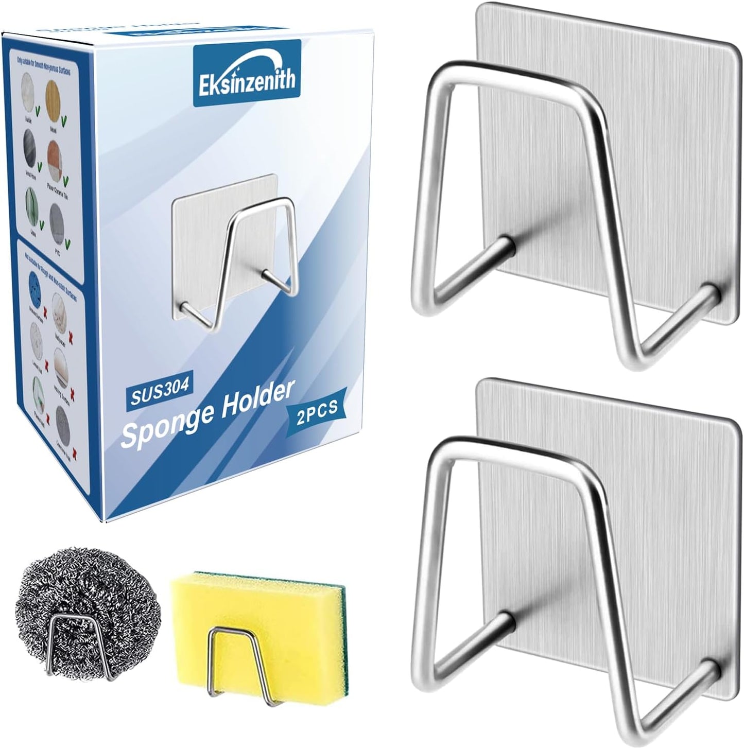 2Pcs Sponge Holder for Kitchen Sink，Strong Adhesive Small Sponge Holder，Sink Holder for Brush and Sponge，Premium Rustproof SUS304 Stainless Steel Rust Proof Waterproof (Silver)