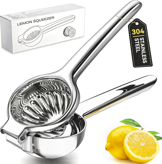 Lemon Squeezer Stainless Steel, Easy to Juice, Good Grip, Large Bowl | 10%-20% Higher Juice, Seedless Juicing, Dishwasher Safe, Commercial Grade, Ideal for Cooking, Drinks, Salad Dressing Prep
