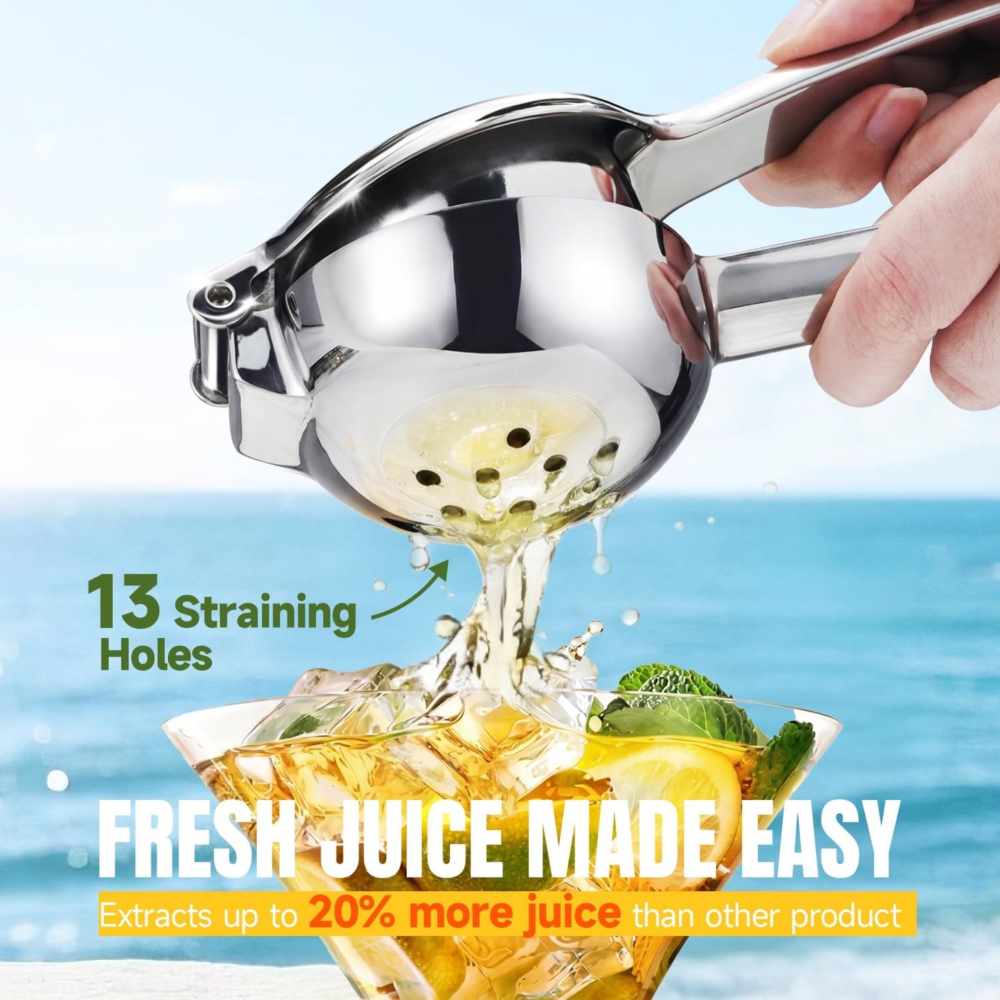 Lemon Squeezer Stainless Steel, Easy to Juice, Good Grip, Large Bowl | 10%-20% Higher Juice, Seedless Juicing, Dishwasher Safe, Commercial Grade, Ideal for Cooking, Drinks, Salad Dressing Prep