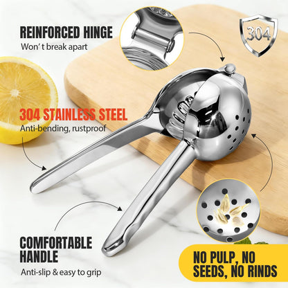 Lemon Squeezer Stainless Steel, Easy to Juice, Good Grip, Large Bowl | 10%-20% Higher Juice, Seedless Juicing, Dishwasher Safe, Commercial Grade, Ideal for Cooking, Drinks, Salad Dressing Prep