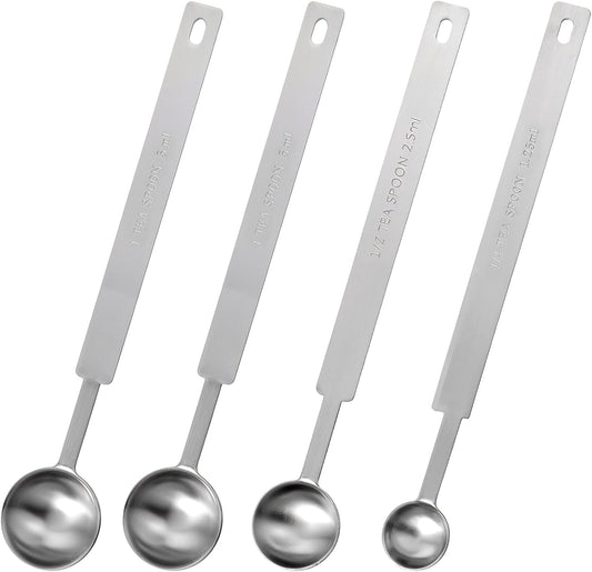 4pcs Teaspoons Measuring Spoon,7In Long Handle Measuring Spoons, Stainless Steel Long Measuring Spoons Includes 1/4 tsp, 1/2 tsp, 1 tsp for Accurate Measure Liquid Dry Ingredients Ground Coffee