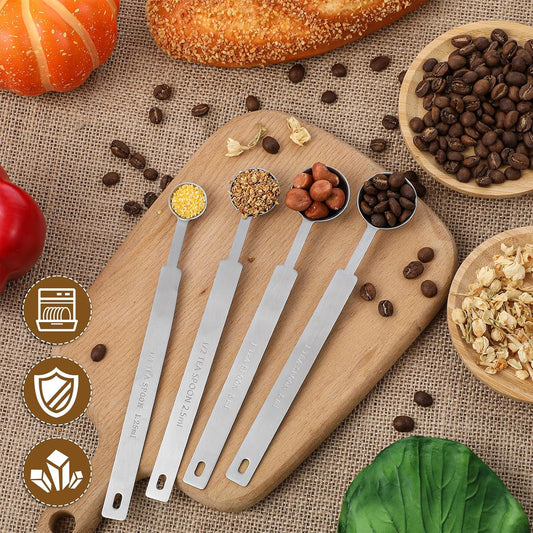 4pcs Teaspoons Measuring Spoon,7In Long Handle Measuring Spoons, Stainless Steel Long Measuring Spoons Includes 1/4 tsp, 1/2 tsp, 1 tsp for Accurate Measure Liquid Dry Ingredients Ground Coffee