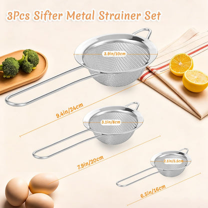 3Pcs Fine Mesh Strainer with Handle, Small Sifter Strainers Set, Stainless Steel Sieve Colander for Kitchen Baking Juice Quinoa Food Flour