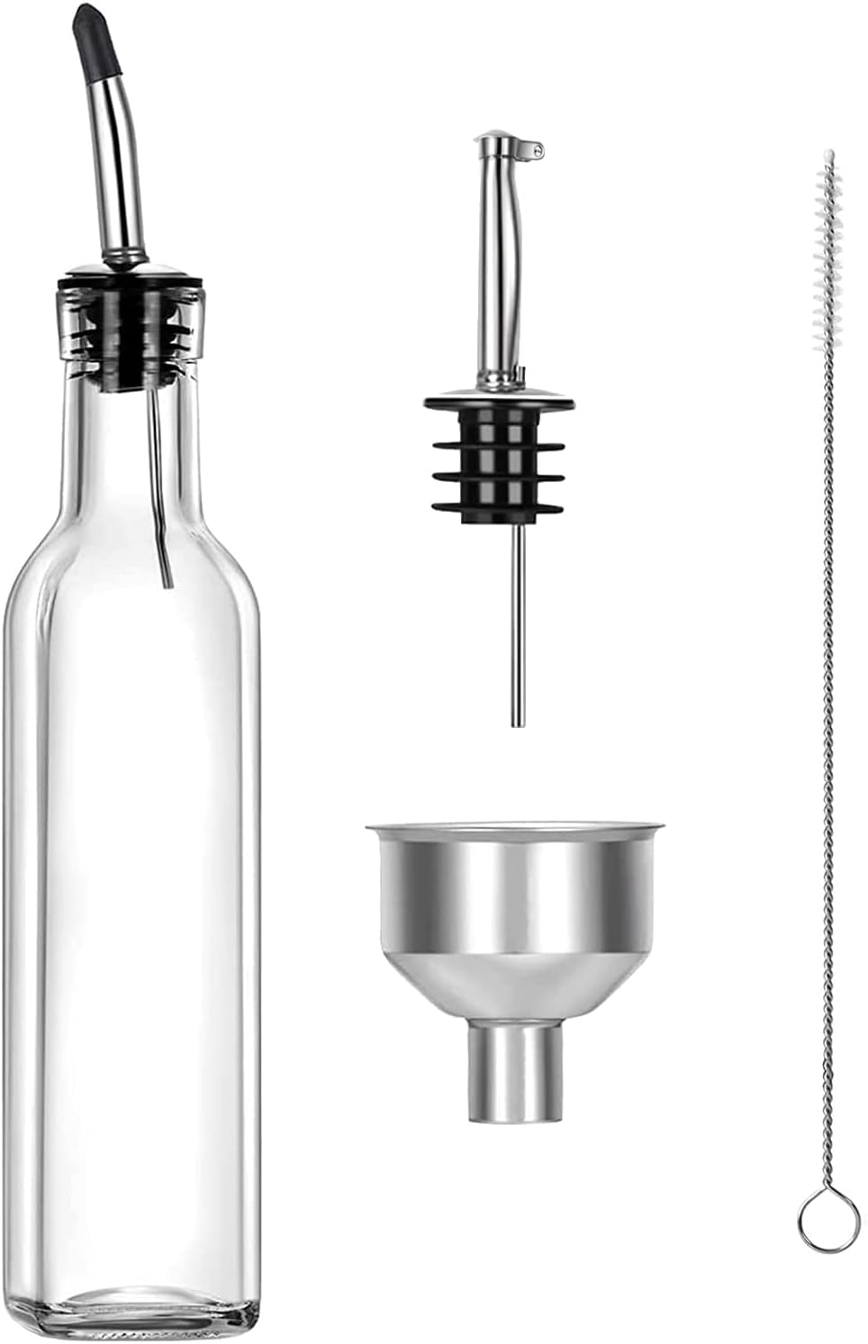 Olive Oil Dispenser 8 Oz, Oil Vinegar Cruet, Square Tall Glass Bottle W/Stainless Steel Pourer Spout & Stainless Steel Funnel SET OF 250 ML