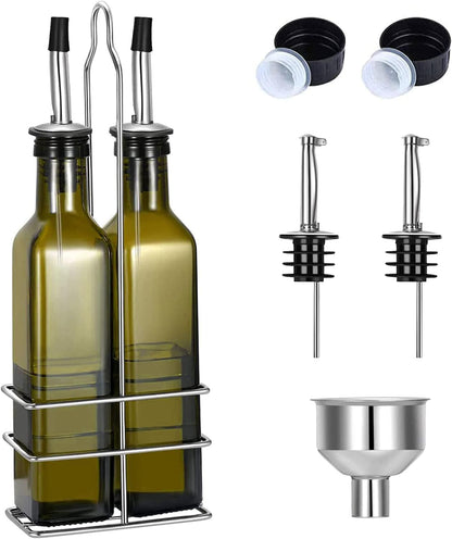 Olive Oil Dispenser 8 Oz, Oil Vinegar Cruet, Square Tall Glass Bottle W/Stainless Steel Pourer Spout & Stainless Steel Funnel SET OF 250 ML