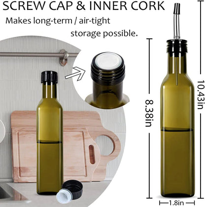 Olive Oil Dispenser 8 Oz, Oil Vinegar Cruet, Square Tall Glass Bottle W/Stainless Steel Pourer Spout & Stainless Steel Funnel SET OF 250 ML