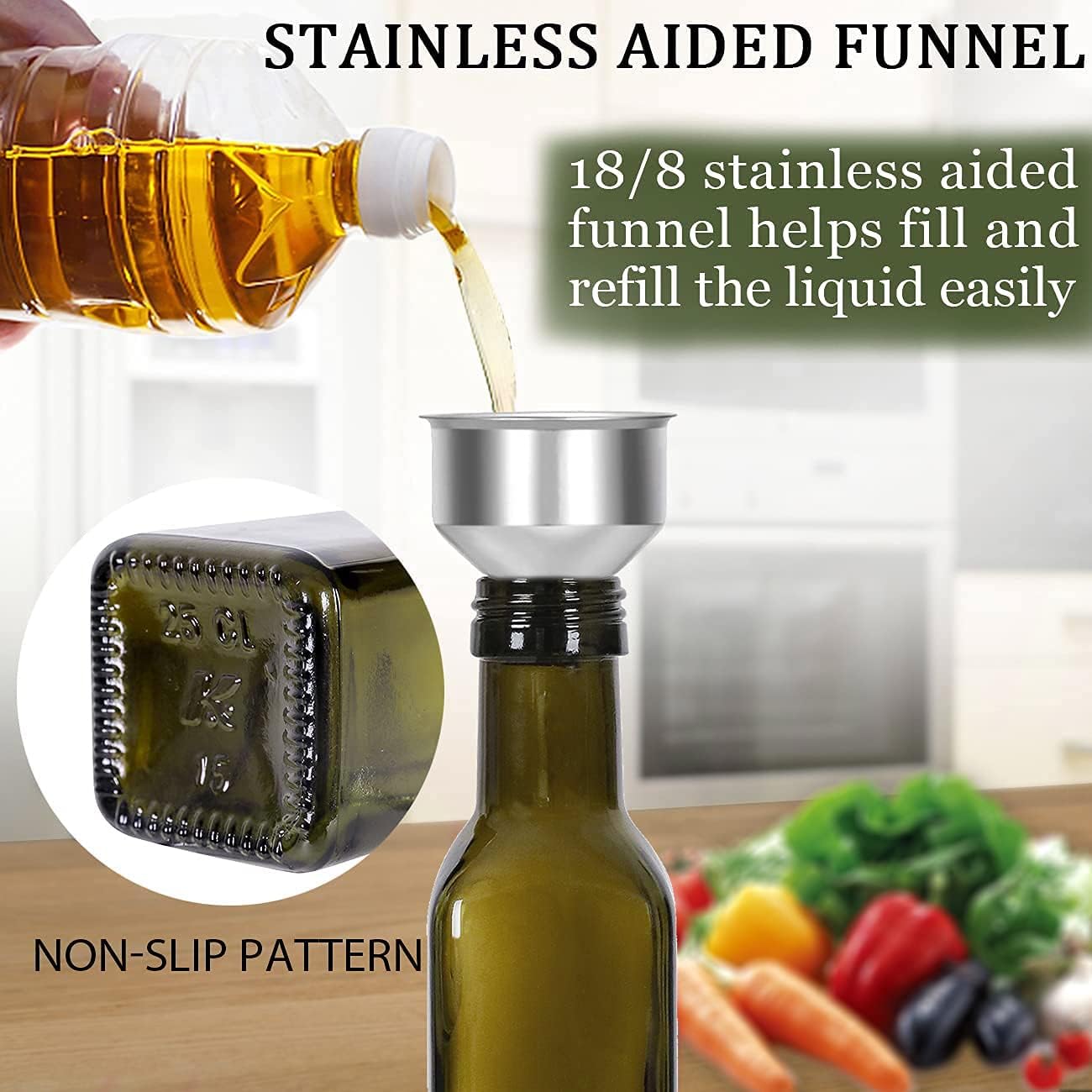 Olive Oil Dispenser 8 Oz, Oil Vinegar Cruet, Square Tall Glass Bottle W/Stainless Steel Pourer Spout & Stainless Steel Funnel SET OF 250 ML