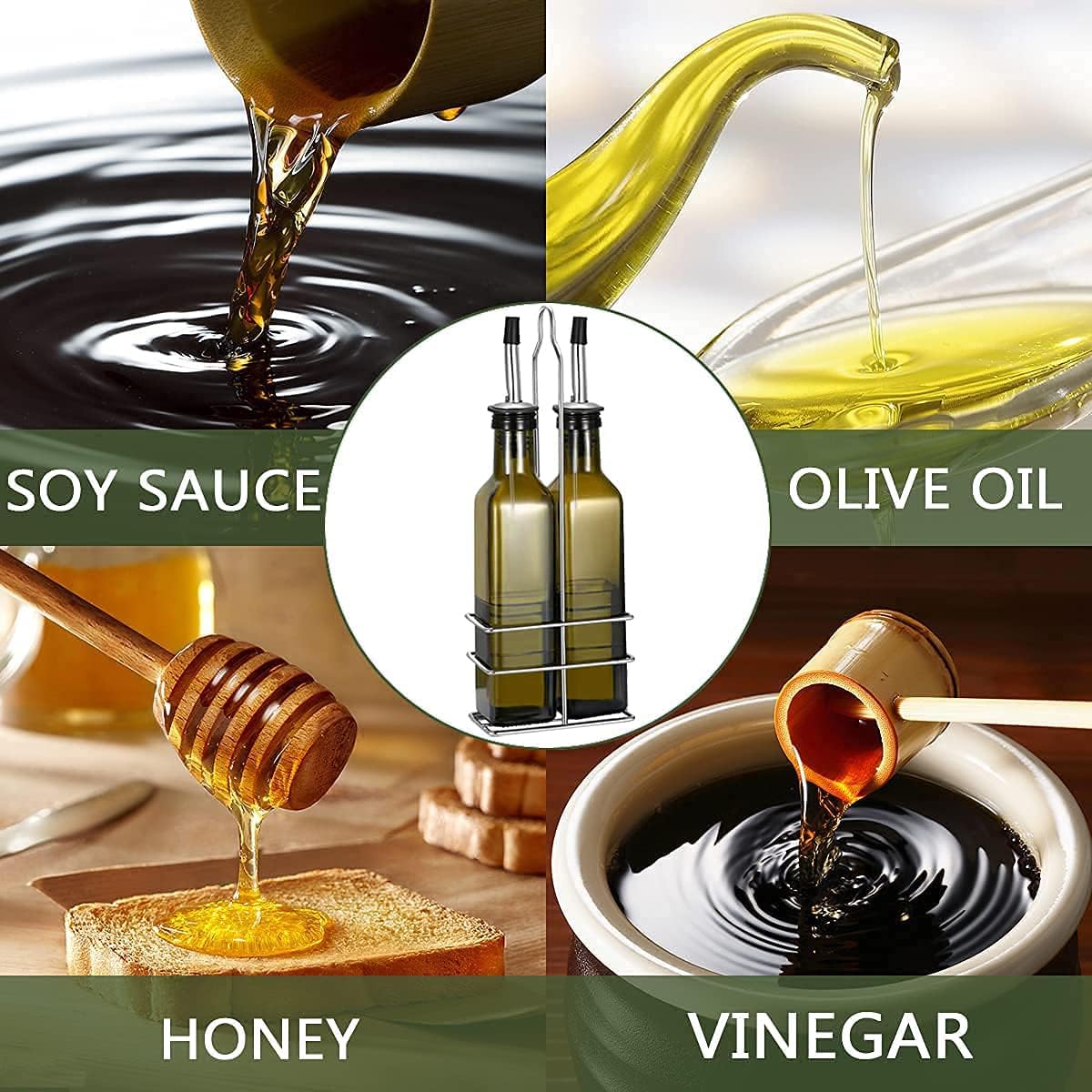 Olive Oil Dispenser 8 Oz, Oil Vinegar Cruet, Square Tall Glass Bottle W/Stainless Steel Pourer Spout & Stainless Steel Funnel SET OF 250 ML