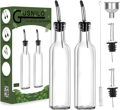 Olive Oil Dispenser 8 Oz, Oil Vinegar Cruet, Square Tall Glass Bottle W/Stainless Steel Pourer Spout & Stainless Steel Funnel SET OF 250 ML