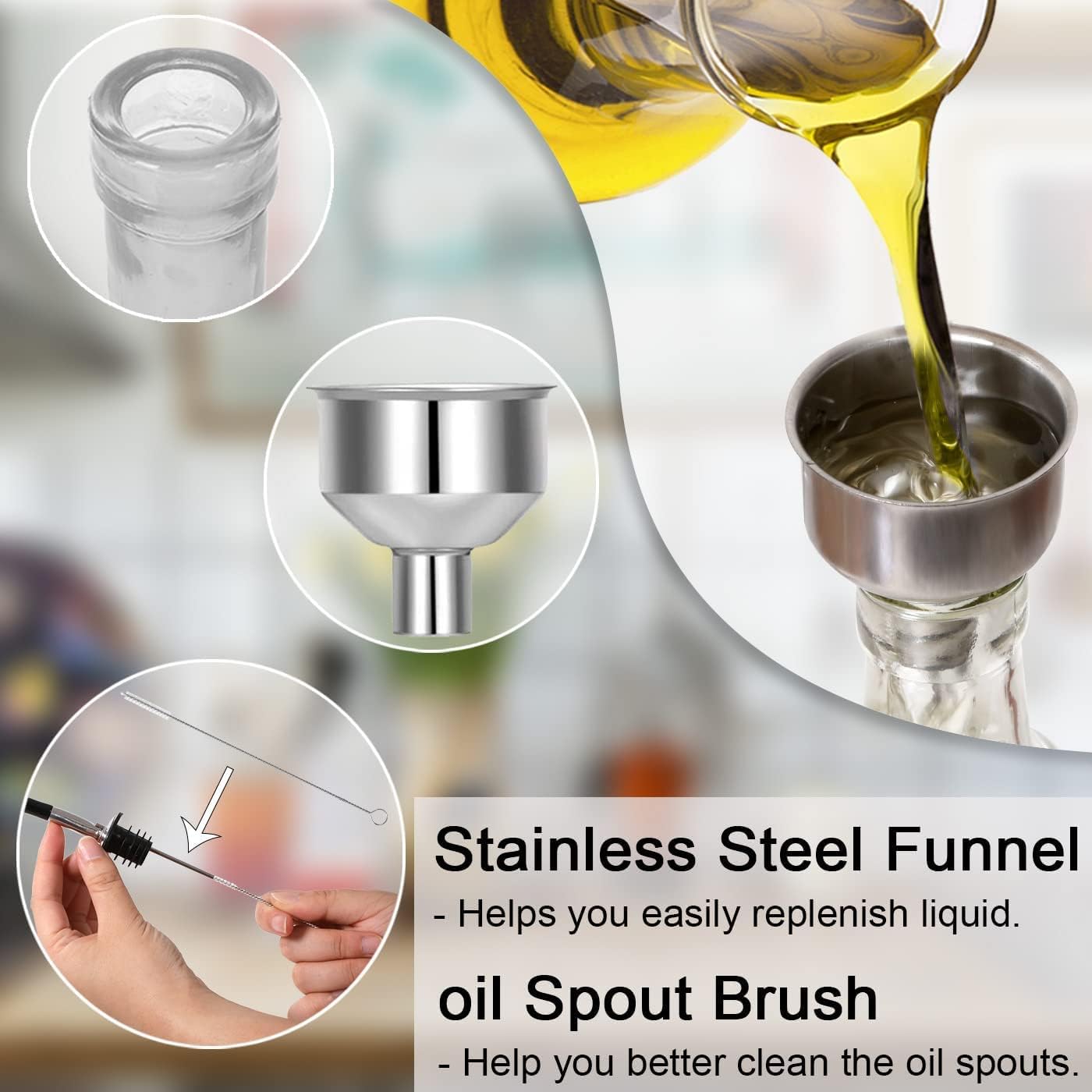 Olive Oil Dispenser 8 Oz, Oil Vinegar Cruet, Square Tall Glass Bottle W/Stainless Steel Pourer Spout & Stainless Steel Funnel SET OF 250 ML