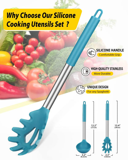 Silicone Pasta Fork and Ladle Spoon Set, Large Non Stick Kitchen Utensils for Cooking,Stirring,Serving Spaghetti, Soup, Sauce (GRAY)