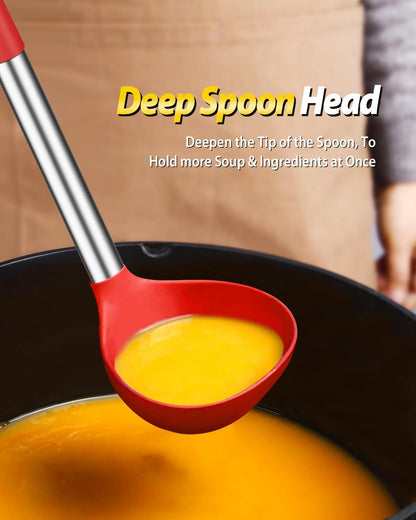 Silicone Pasta Fork and Ladle Spoon Set, Large Non Stick Kitchen Utensils for Cooking,Stirring,Serving Spaghetti, Soup, Sauce (GRAY)